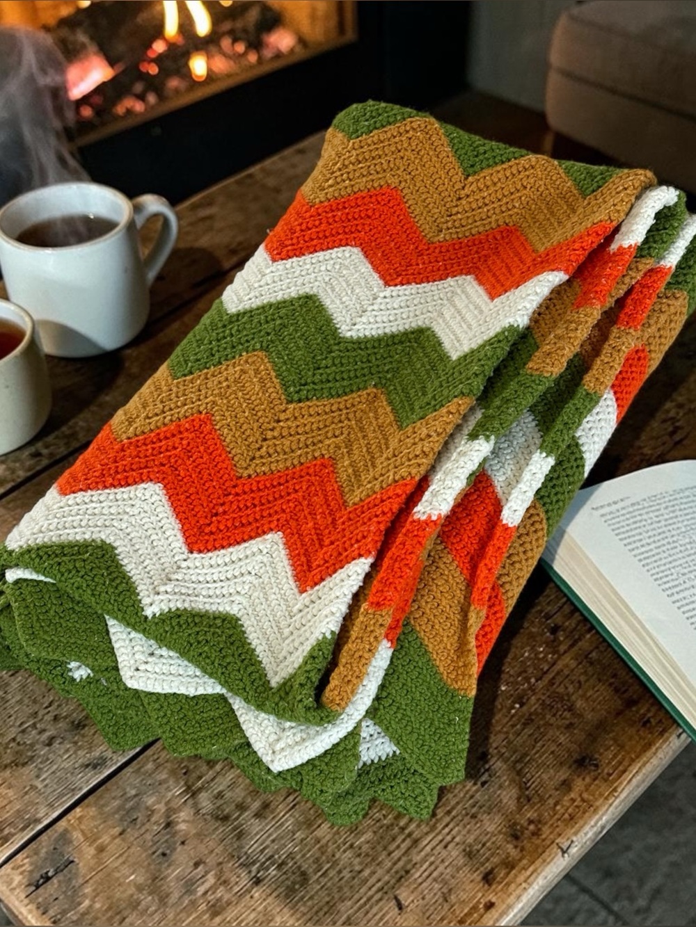 1970 Handmade Crochet Afghan Throw Blanket Twin Zigzag Chevron Orange Green Gold